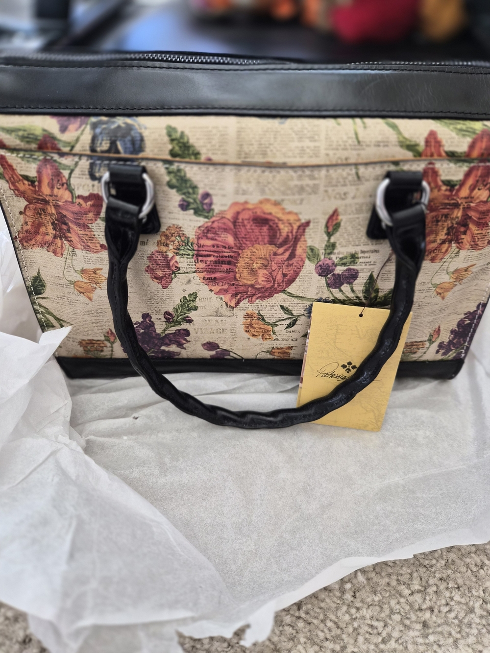 This is a Patricia Nash Josselin leather satchel in the Parisian Newspaper print - Picture 4 of 9